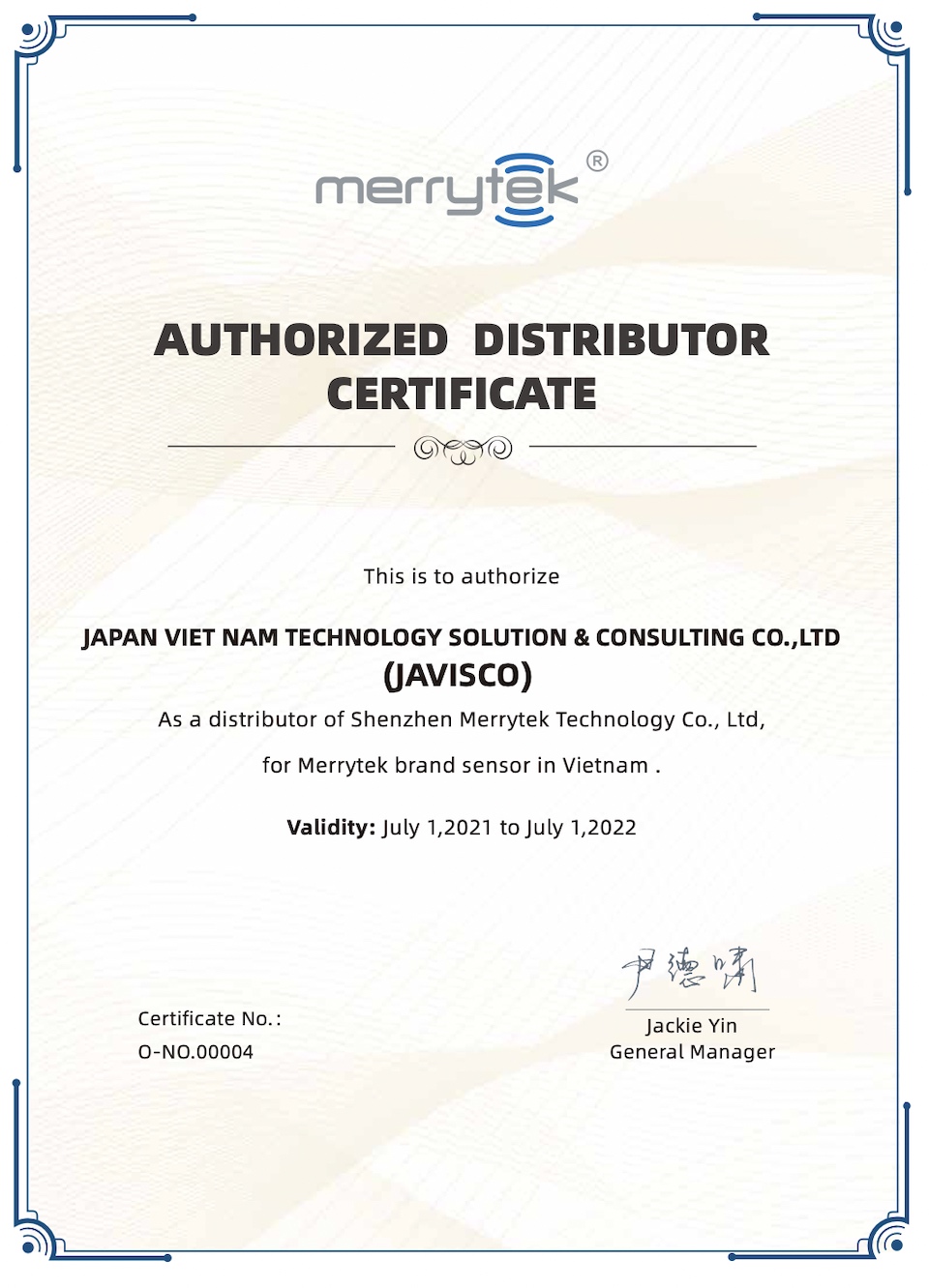chứng nhận phân phối độc quyền cảm biến hiện diện merrytek tại Việt Nam