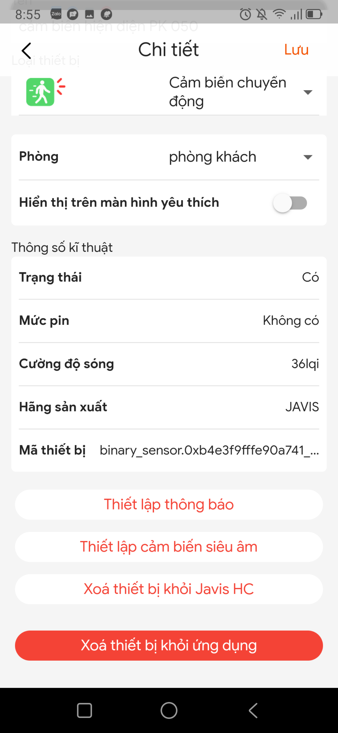 hình ảnh cảm biến hiện diện hơi thở trên ứng dụng Javis smart